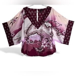 White House Black Market Burgundy Floral Kimono Blouse |Contrast Lining | L